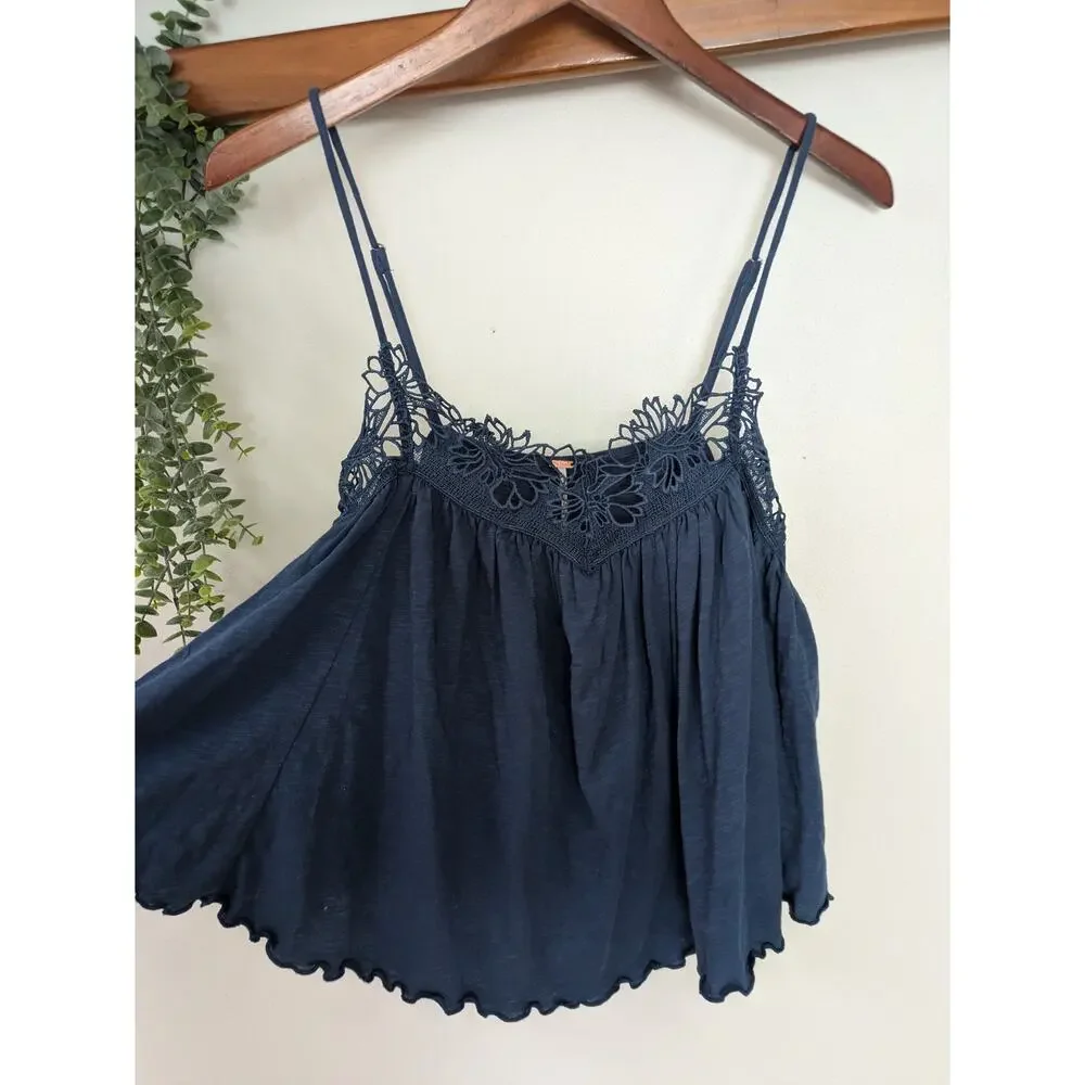 NWT Free People Kayla Tank Navy Blue Boho Lace Trim Cami Top